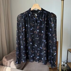 Aritzia Wilfred Floral Blouse Black Ruffle Tie Neck Lightweight – XS